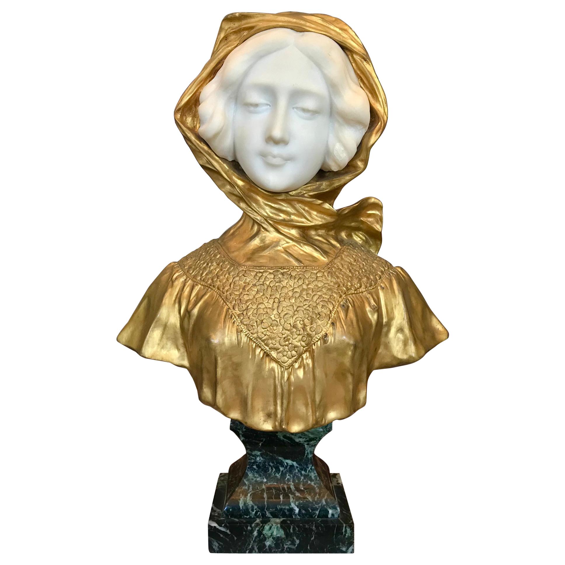 Buste d'une femme en bronze et marbre Affortunato Gory