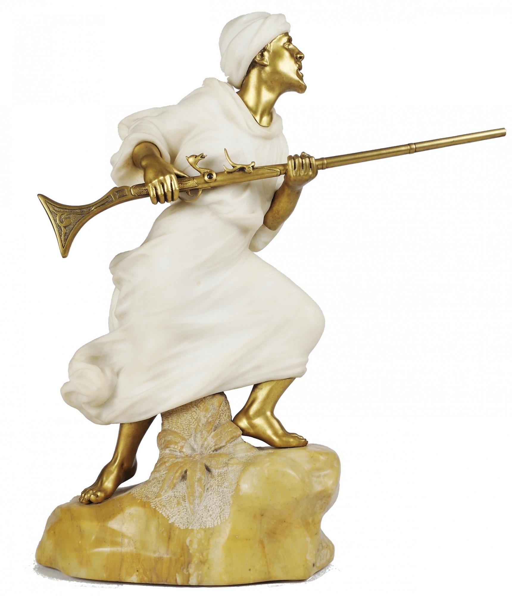 French gilt bronze and marble huntsman sculpture by Affortunato Gory