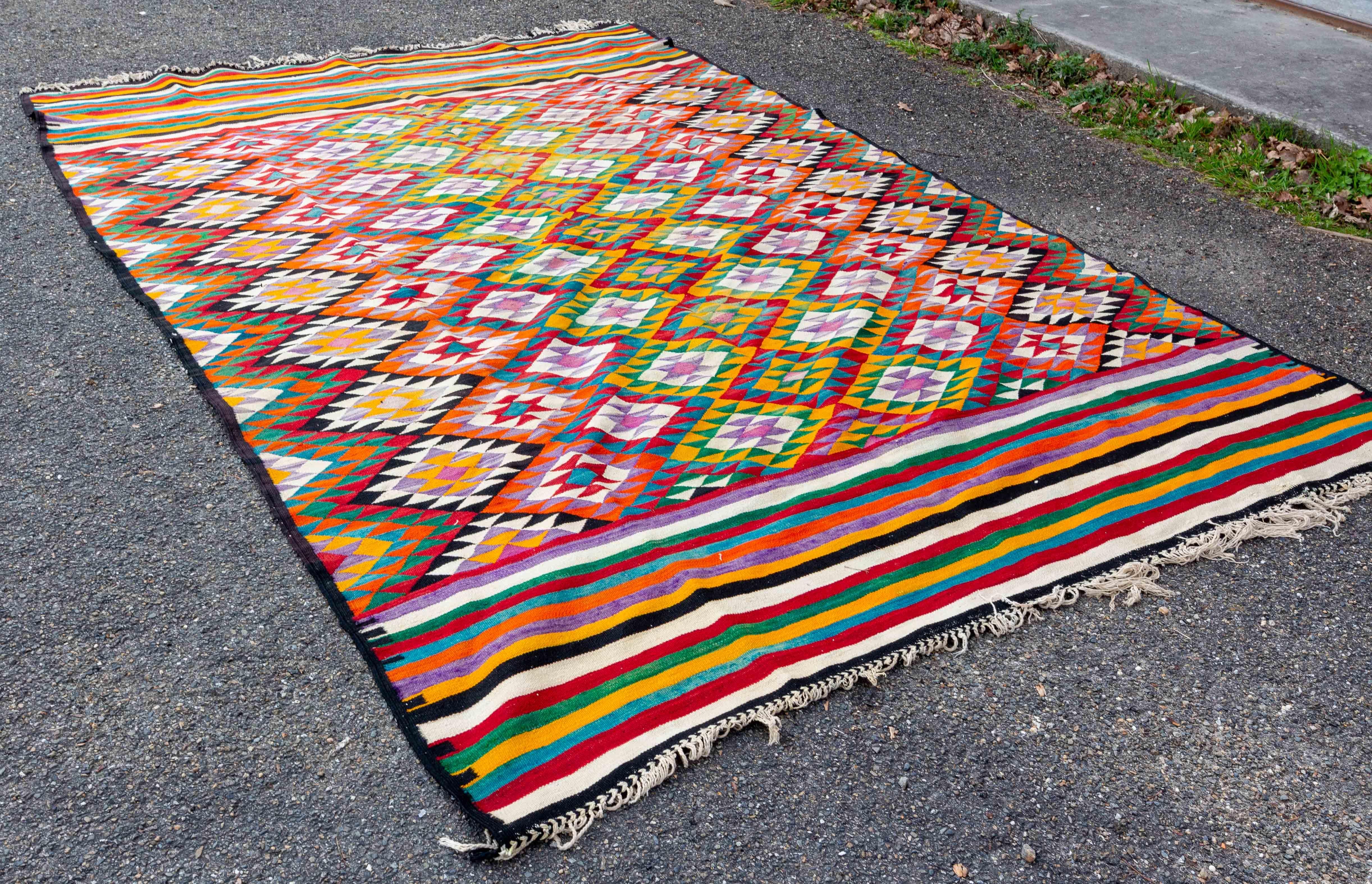 Mid-Century Modern Afgan Kilim Carpet Multicolor and Geometric Patterns, circa 1950 For Sale