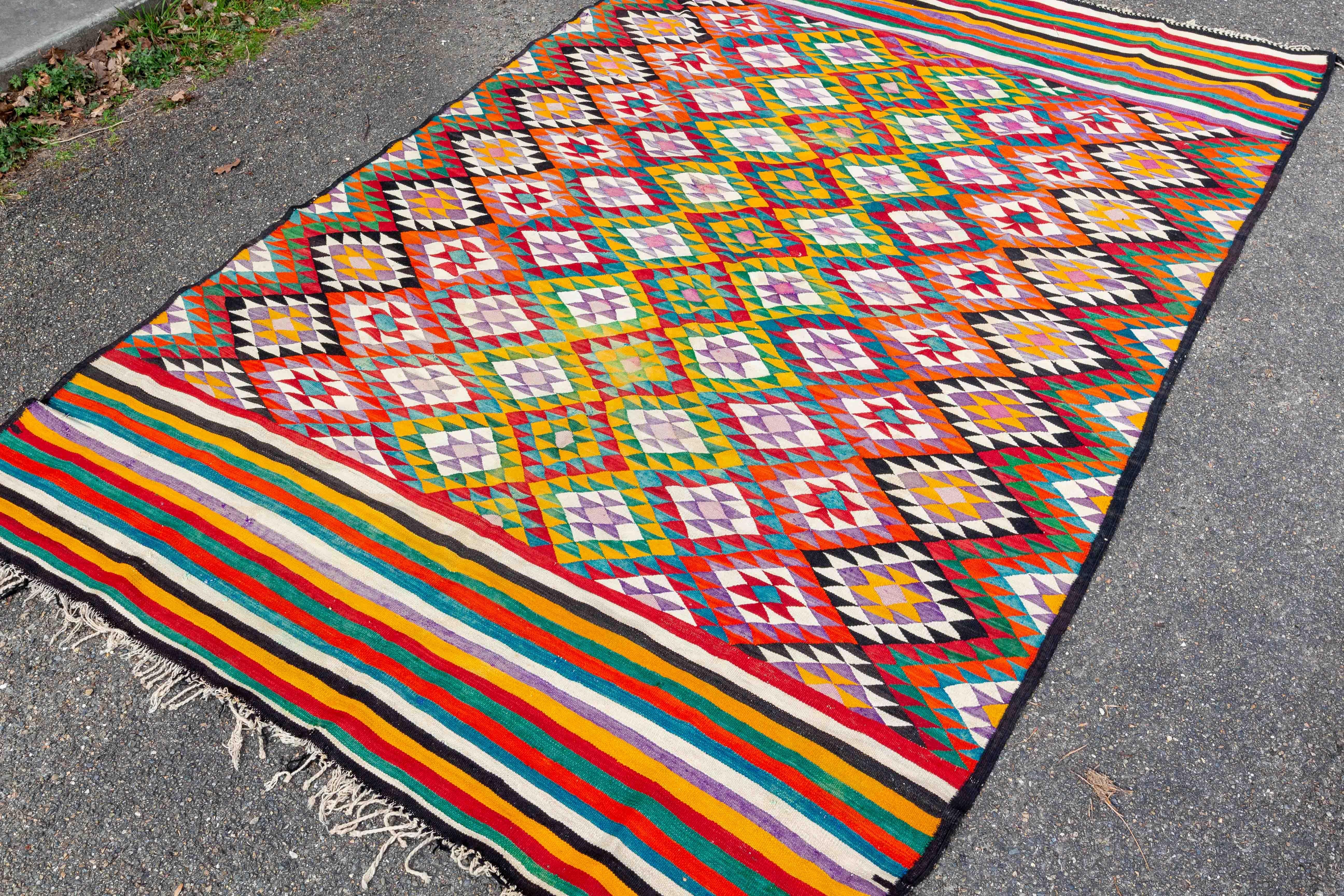 Mid-20th Century Afgan Kilim Carpet Multicolor and Geometric Patterns, circa 1950 For Sale