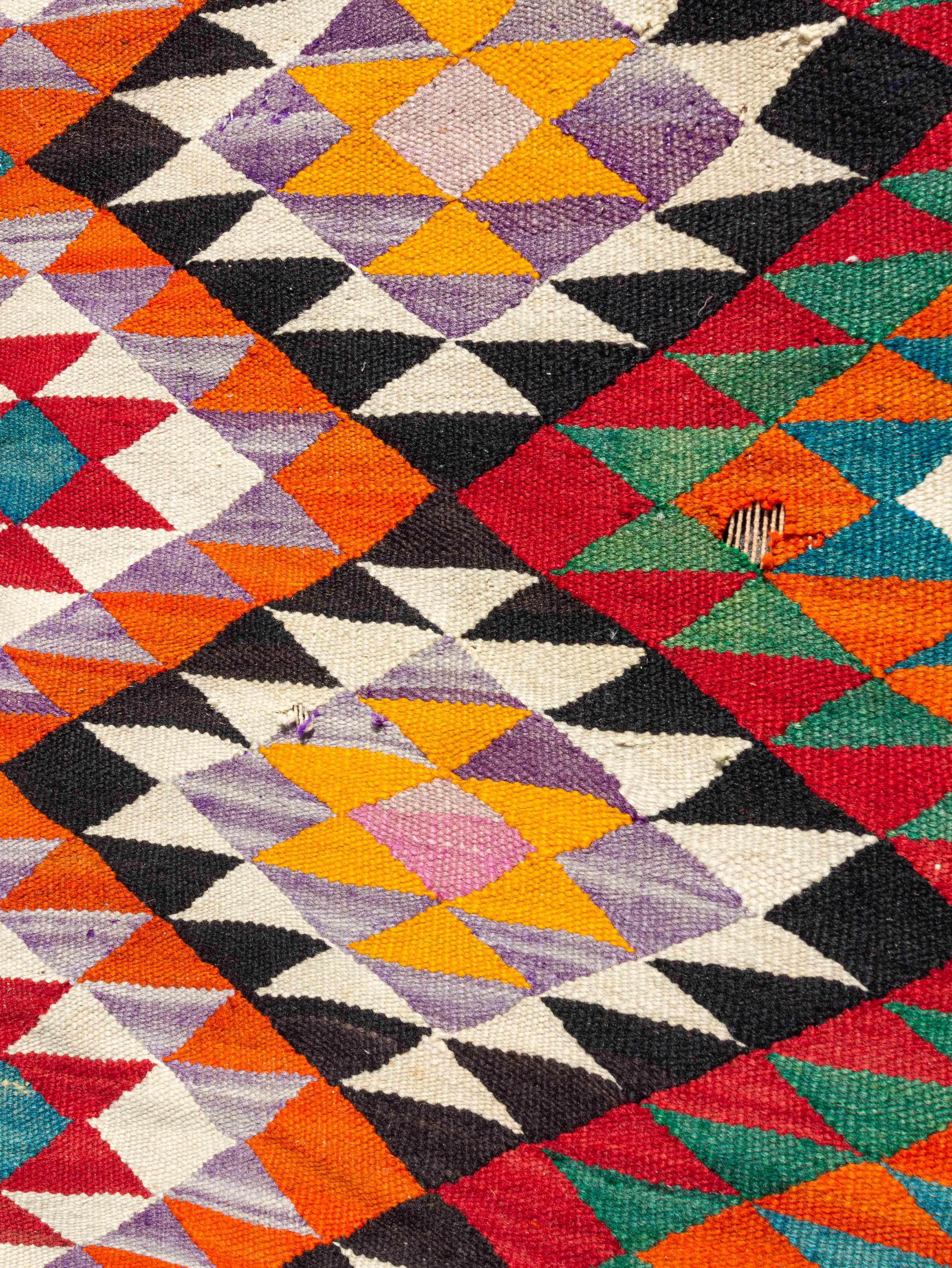 Fabric Afgan Kilim Carpet Multicolor and Geometric Patterns, circa 1950 For Sale