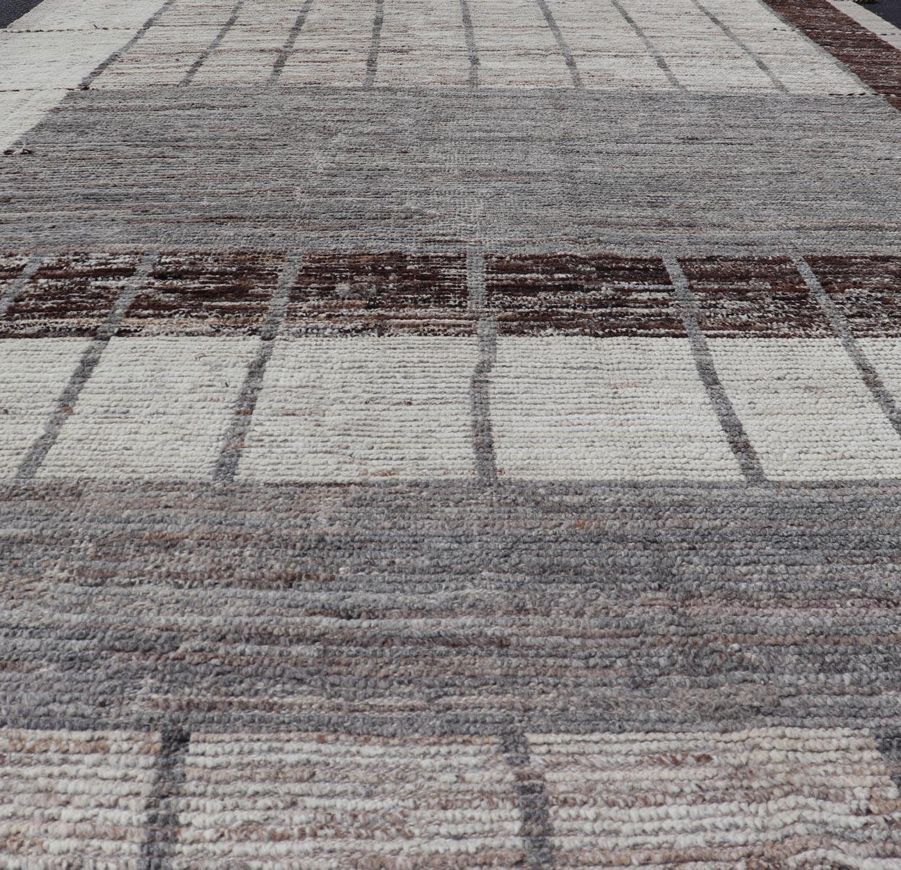 Afghan Abstract Modern Rug in Earth Tones with Unique Design With Natural Gray. Keivan Woven Arts; AFG-64378   Country of Origin: Afghanistan  Type: Modern Casual  Design: Abstract, Geometric, Minimalist.
Measures: 6'9 x 11'1 
Modern Rug in Earth