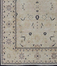 Vintage Tabriz Rug with Beige Field and Deep Indigo Accents Geometric Design