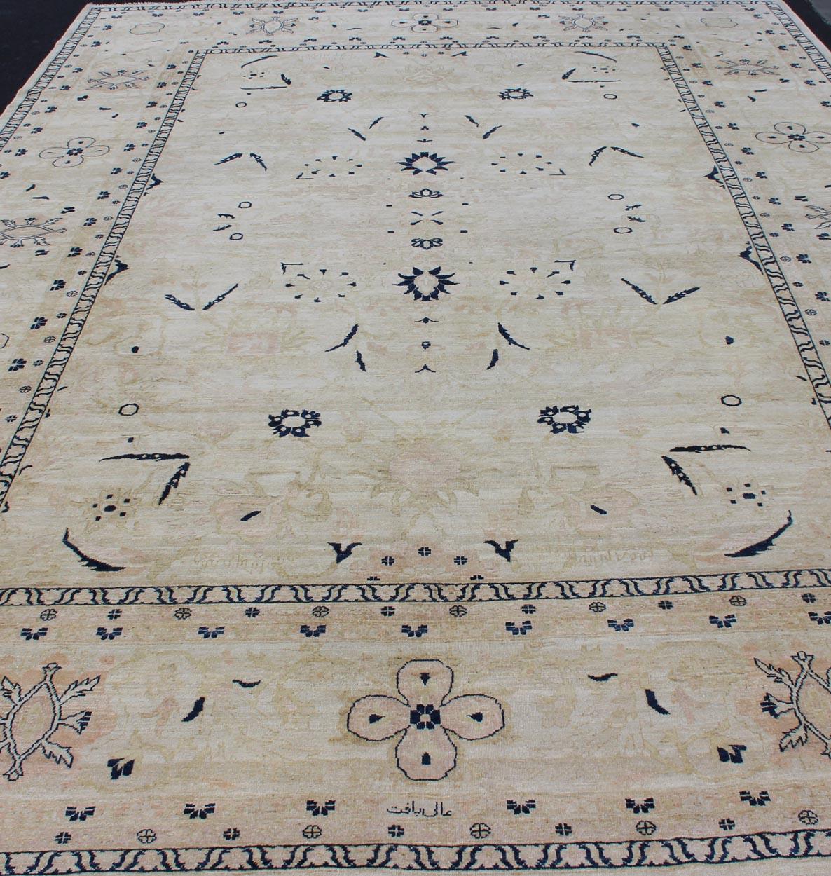 Afghan All-Over Tabriz Rug in Blue, Cream and light Butter Color For Sale 3