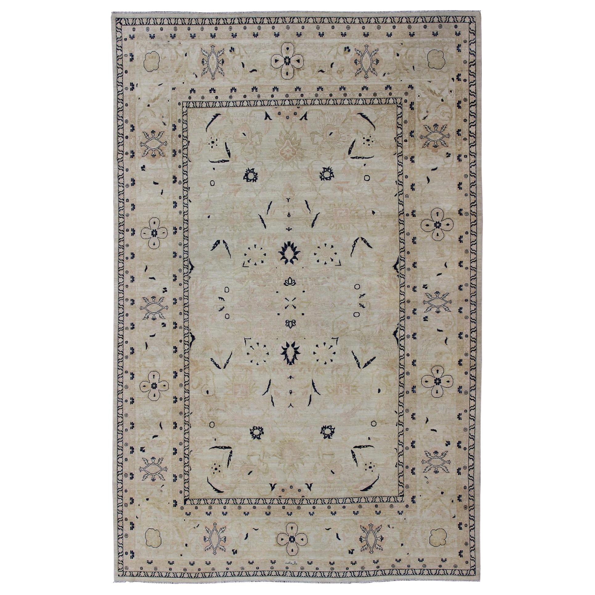 Afghan All-Over Tabriz Rug in Blue, Cream and light Butter Color