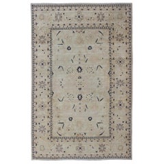 Retro Afghan All-Over Tabriz Rug in Blue, Cream and light Butter Color