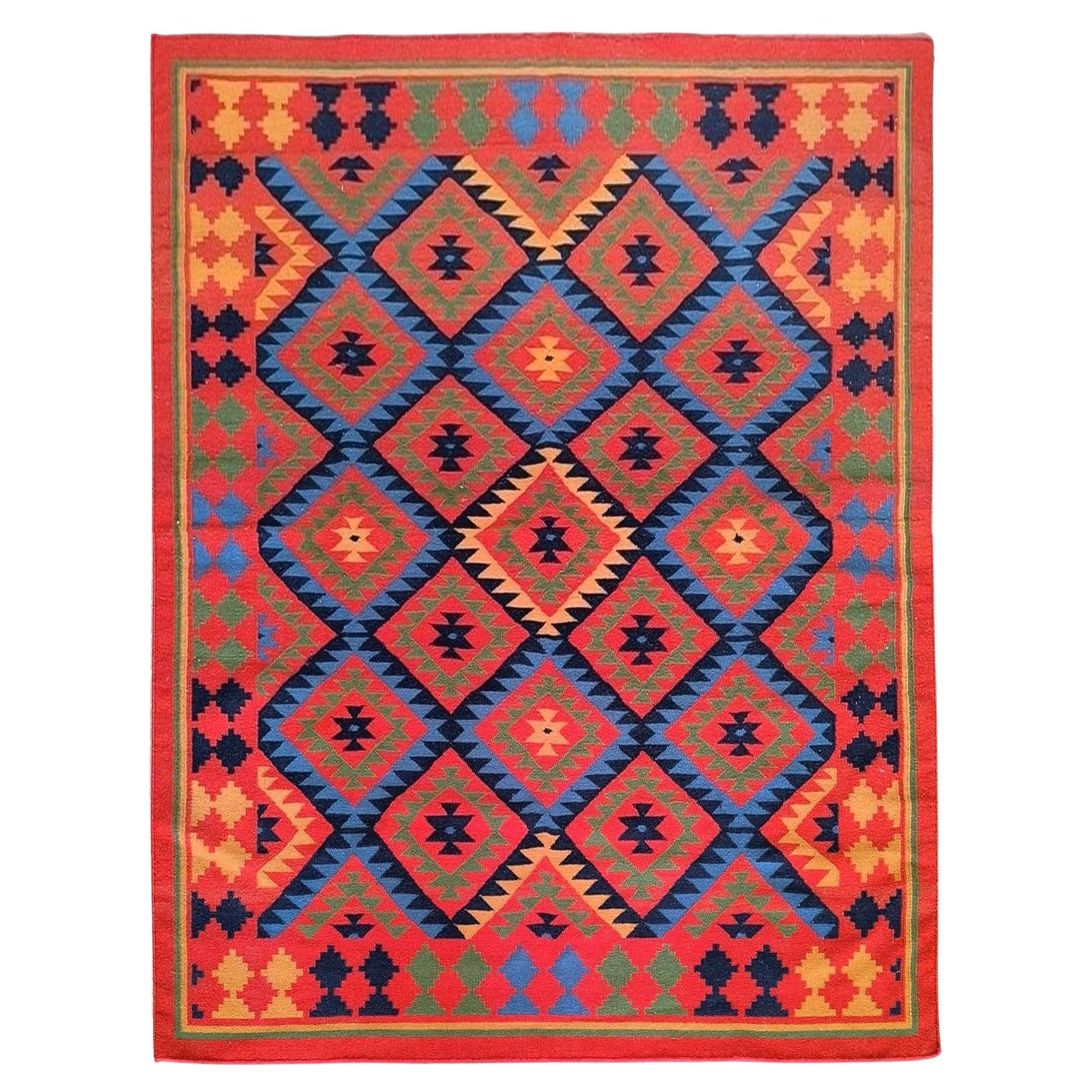 Tappeto afghano vintage a trama piatta, Kilim tessuto a mano, disegno geometrico tribale colorato