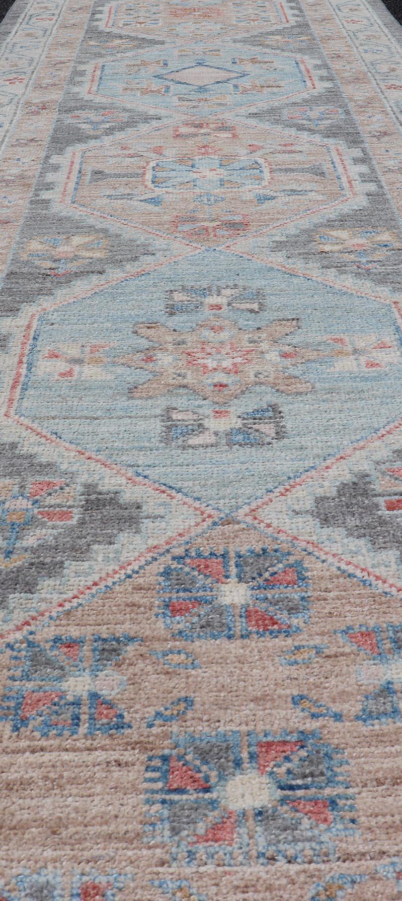 Afghan  Floral Medallion Oushak Runner with Tribal Motifs and A Gray Background  For Sale