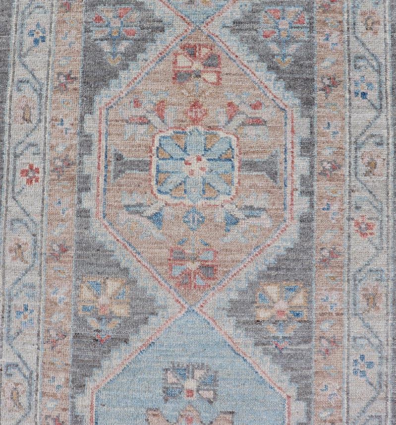 Hand-Knotted  Floral Medallion Oushak Runner with Tribal Motifs and A Gray Background  For Sale