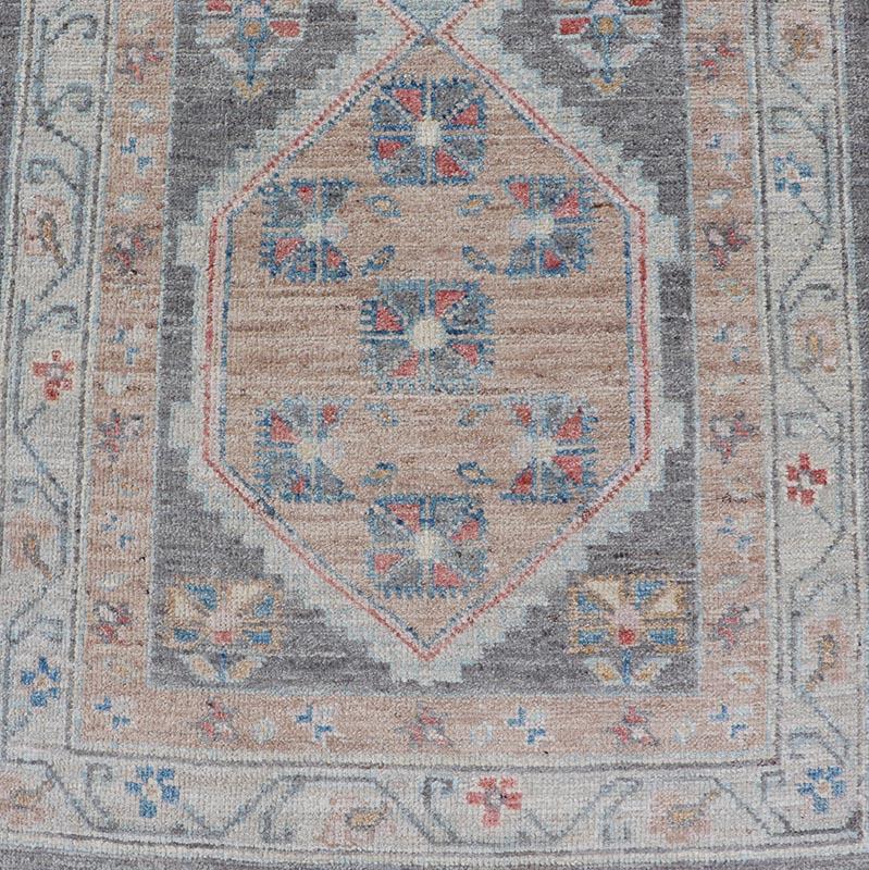  Floral Medallion Oushak Runner with Tribal Motifs and A Gray Background  In New Condition For Sale In Atlanta, GA