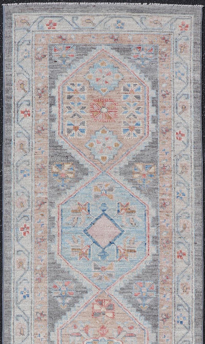 Contemporary  Floral Medallion Oushak Runner with Tribal Motifs and A Gray Background  For Sale