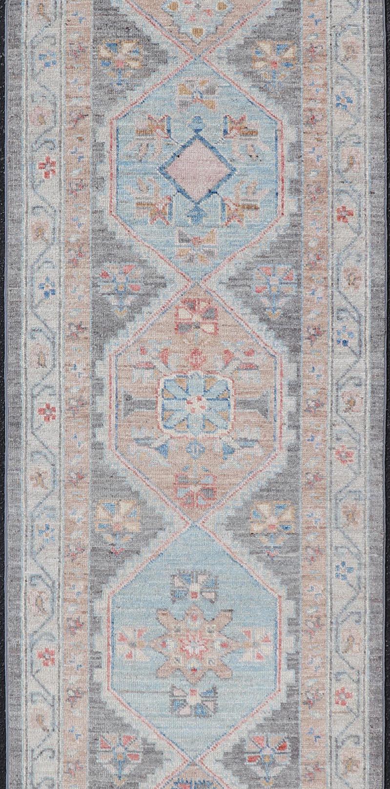 Wool  Floral Medallion Oushak Runner with Tribal Motifs and A Gray Background  For Sale