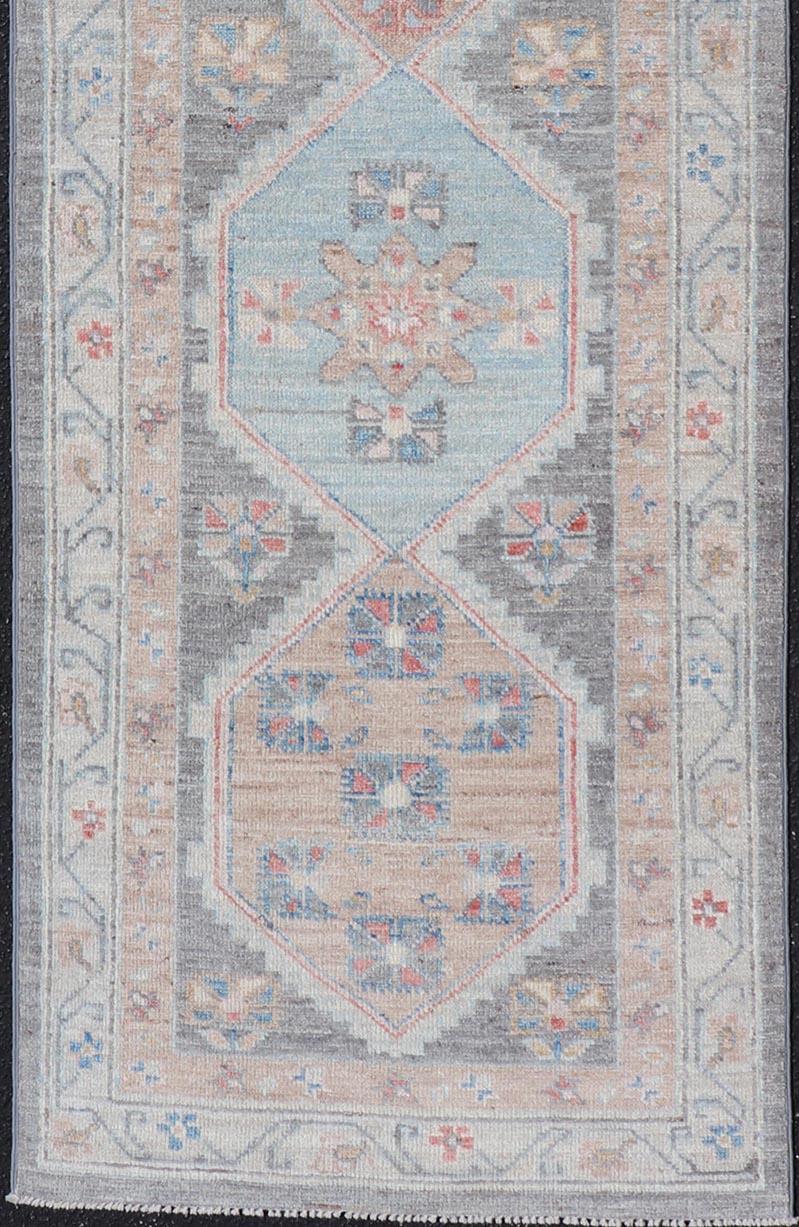  Floral Medallion Oushak Runner with Tribal Motifs and A Gray Background  For Sale 1