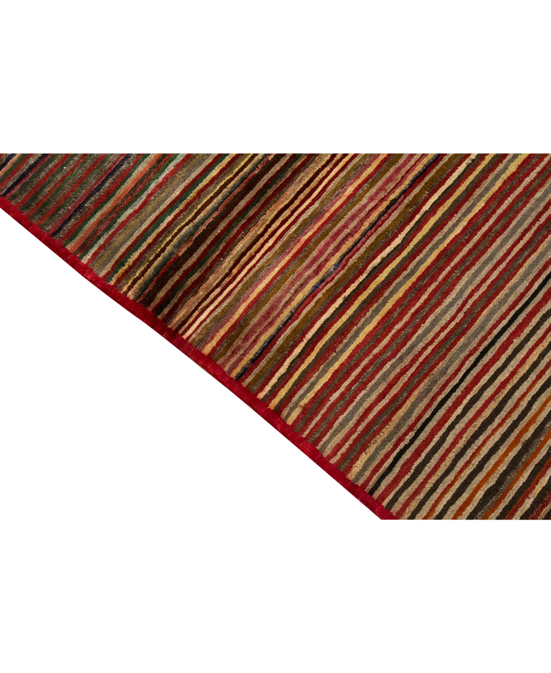 Luxury Contemporary Handmade Stripes Red / Ivory Area Rug. Measures: 4' x 6'.