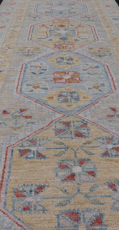 Hand-Knotted Floral Medallion Oushak Runner in Blue and Yellow