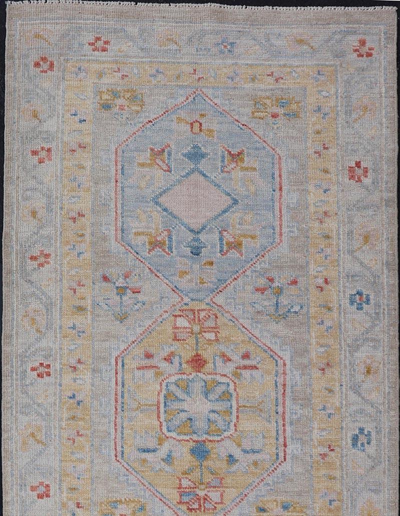 Afghan Hand-Knotted Floral Medallion Oushak Runner in Blue and Yellow For Sale