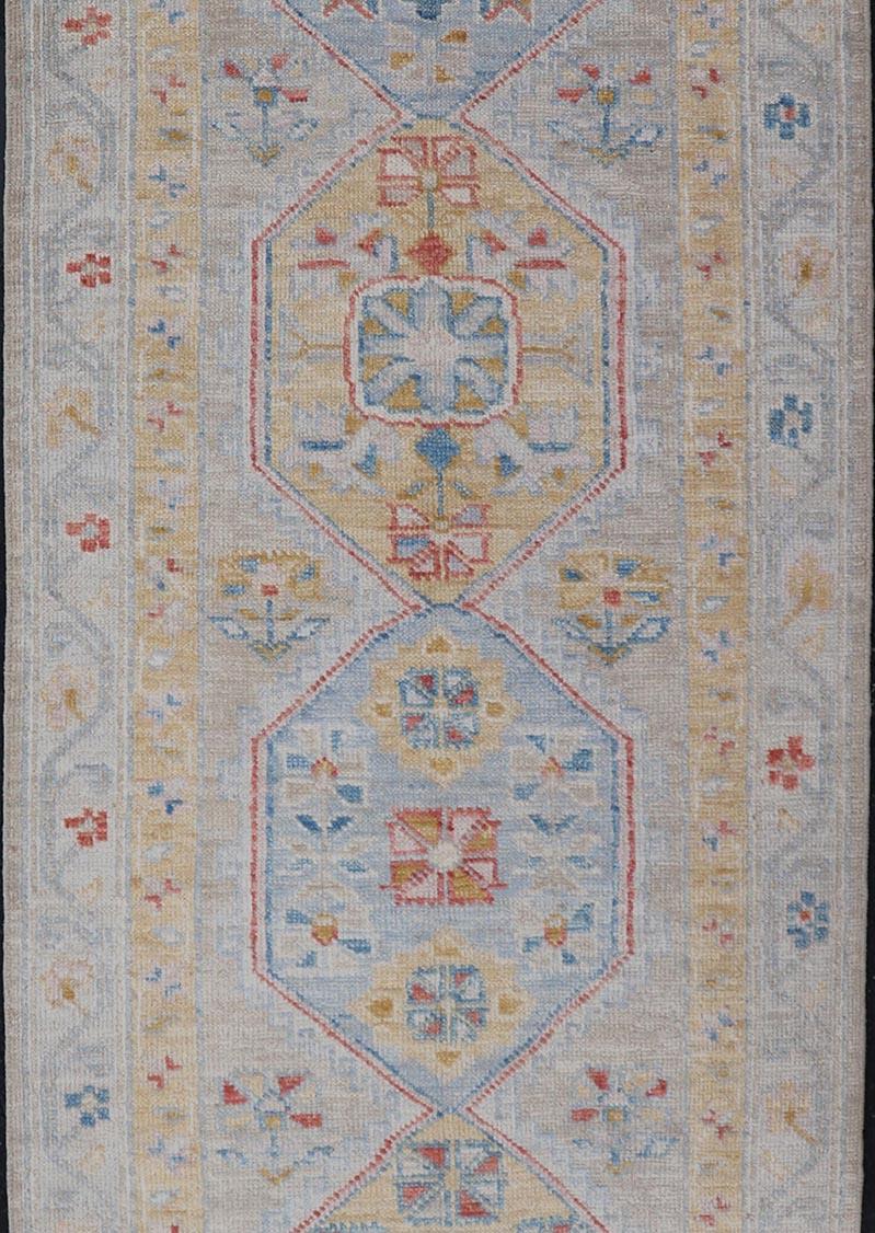 Hand-Knotted Floral Medallion Oushak Runner in Blue and Yellow In New Condition For Sale In Atlanta, GA