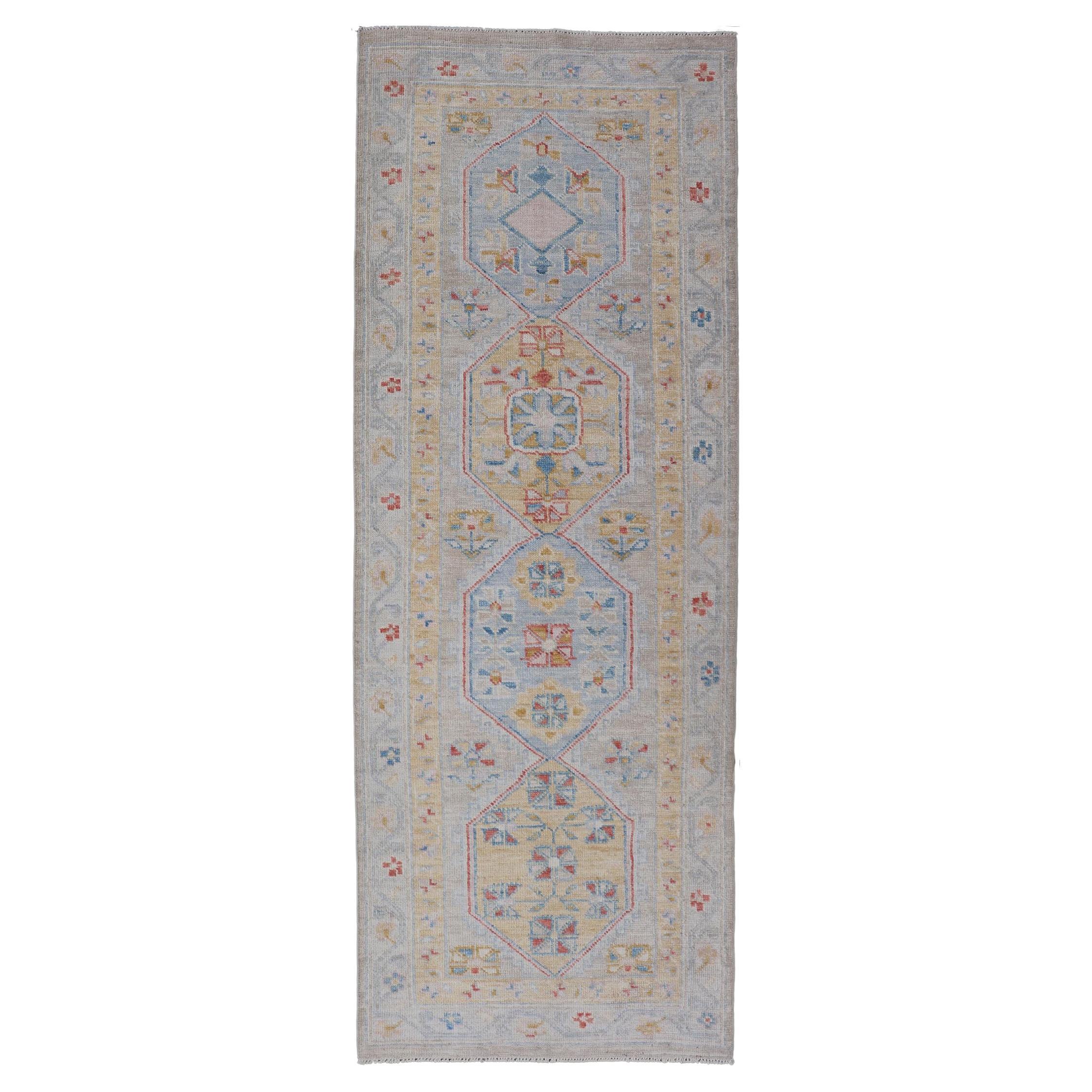 Hand-Knotted Floral Medallion Oushak Runner in Blue and Yellow