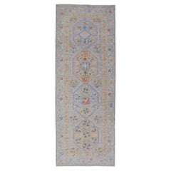Hand-Knotted Floral Medallion Oushak Runner in Blue and Yellow