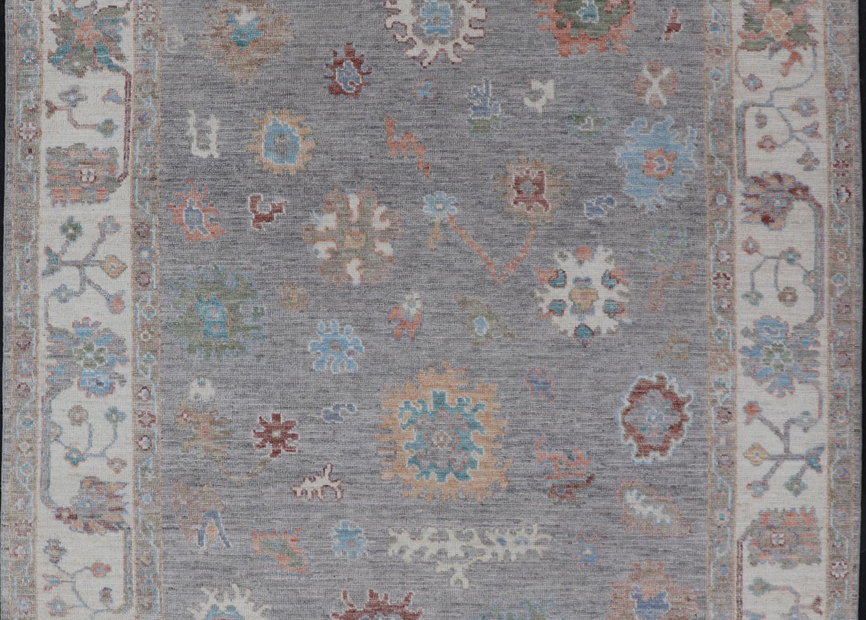 Hand Knotted Floral Oushak With a Gray Background And Multi-Colors In New Condition For Sale In Atlanta, GA