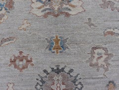 Floral Oushak with Muted Gray Background and Cream Border