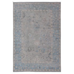 Afghan Hand-Knotted Light Blue Oushak with Light Gray Background