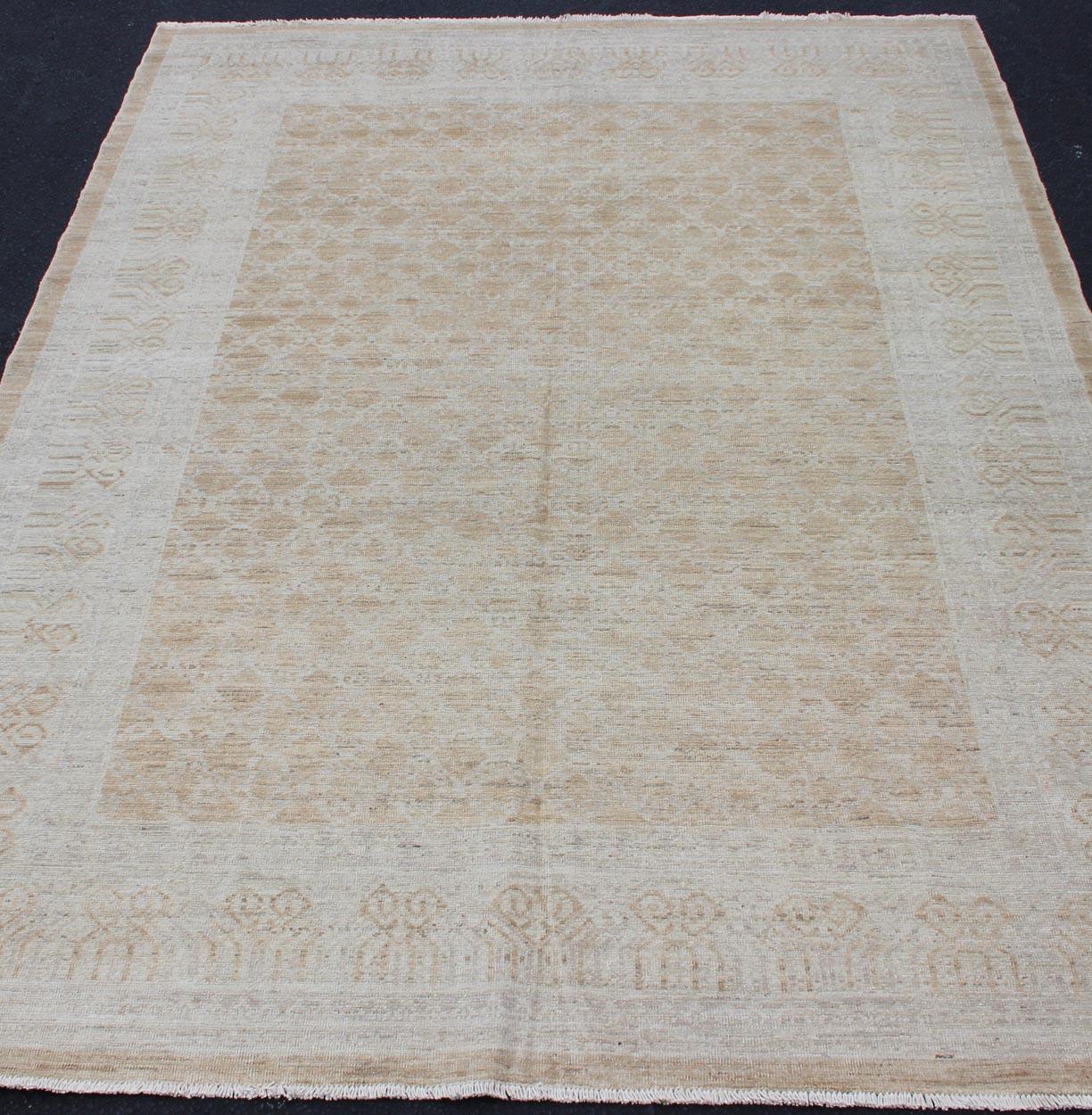 Afghan Khotan Rug in Soft Gold and All-Over Pattern with Geometric Border For Sale 3