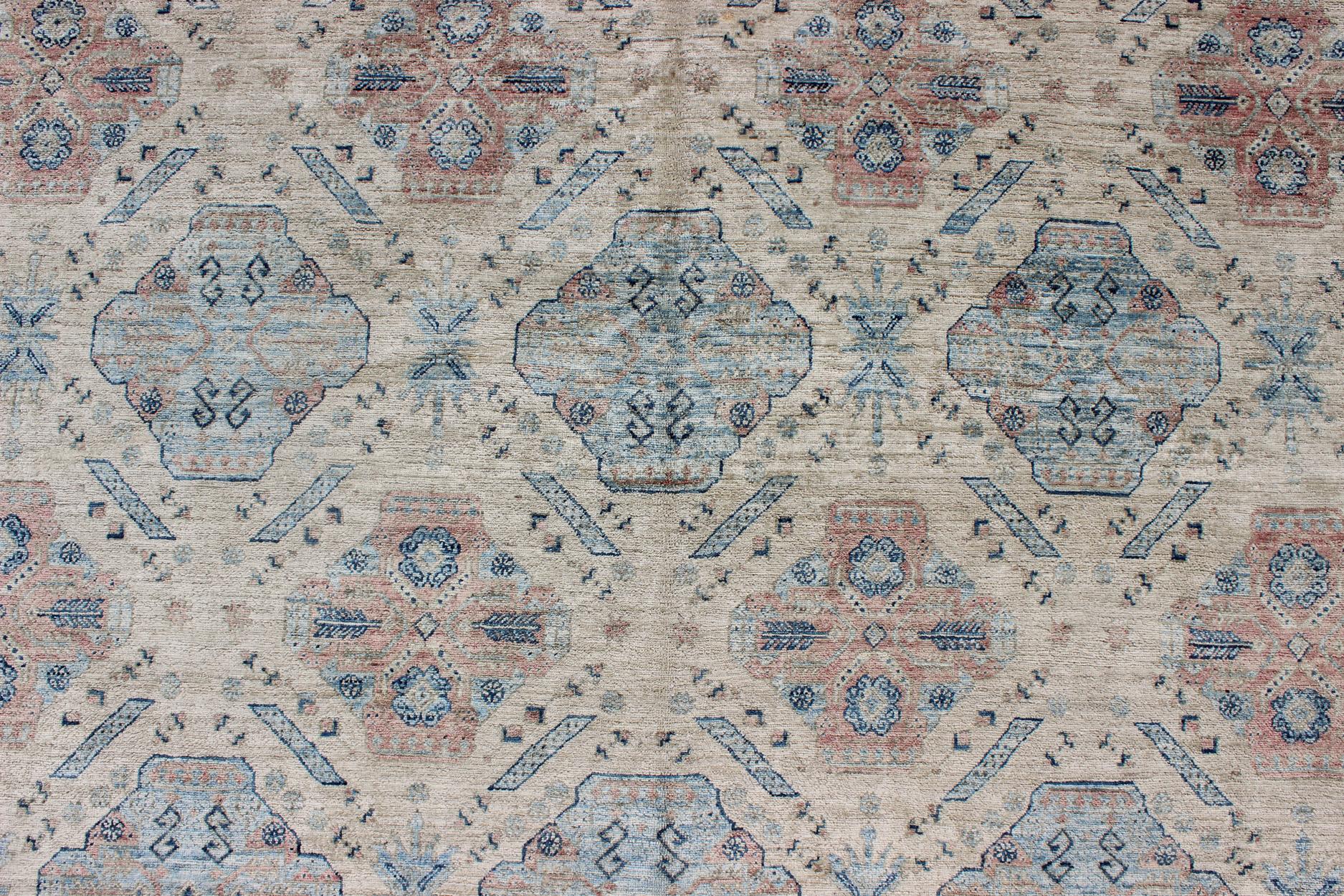 Hand-Knotted  Afghan Khotan Rug with All-Over Geometric Pattern in Pink and Light Blue For Sale