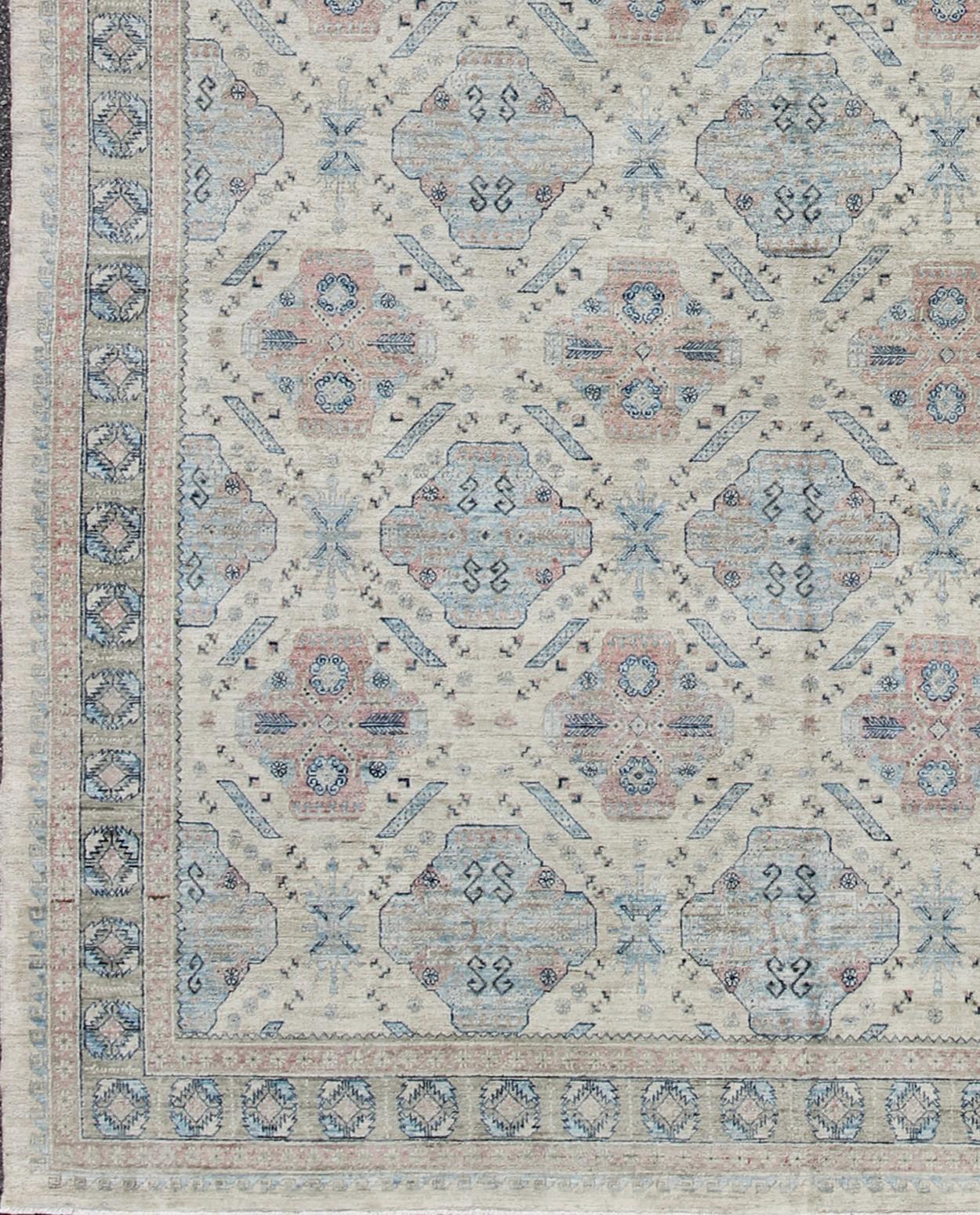 Wool  Afghan Khotan Rug with All-Over Geometric Pattern in Pink and Light Blue For Sale