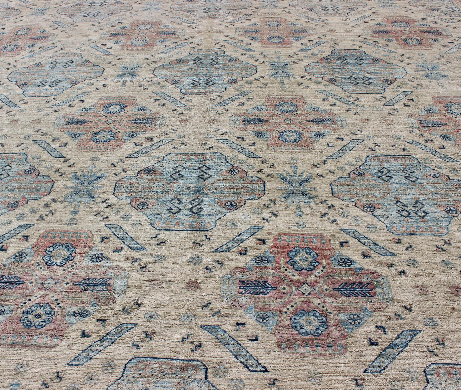  Afghan Khotan Rug with All-Over Geometric Pattern in Pink and Light Blue For Sale 2