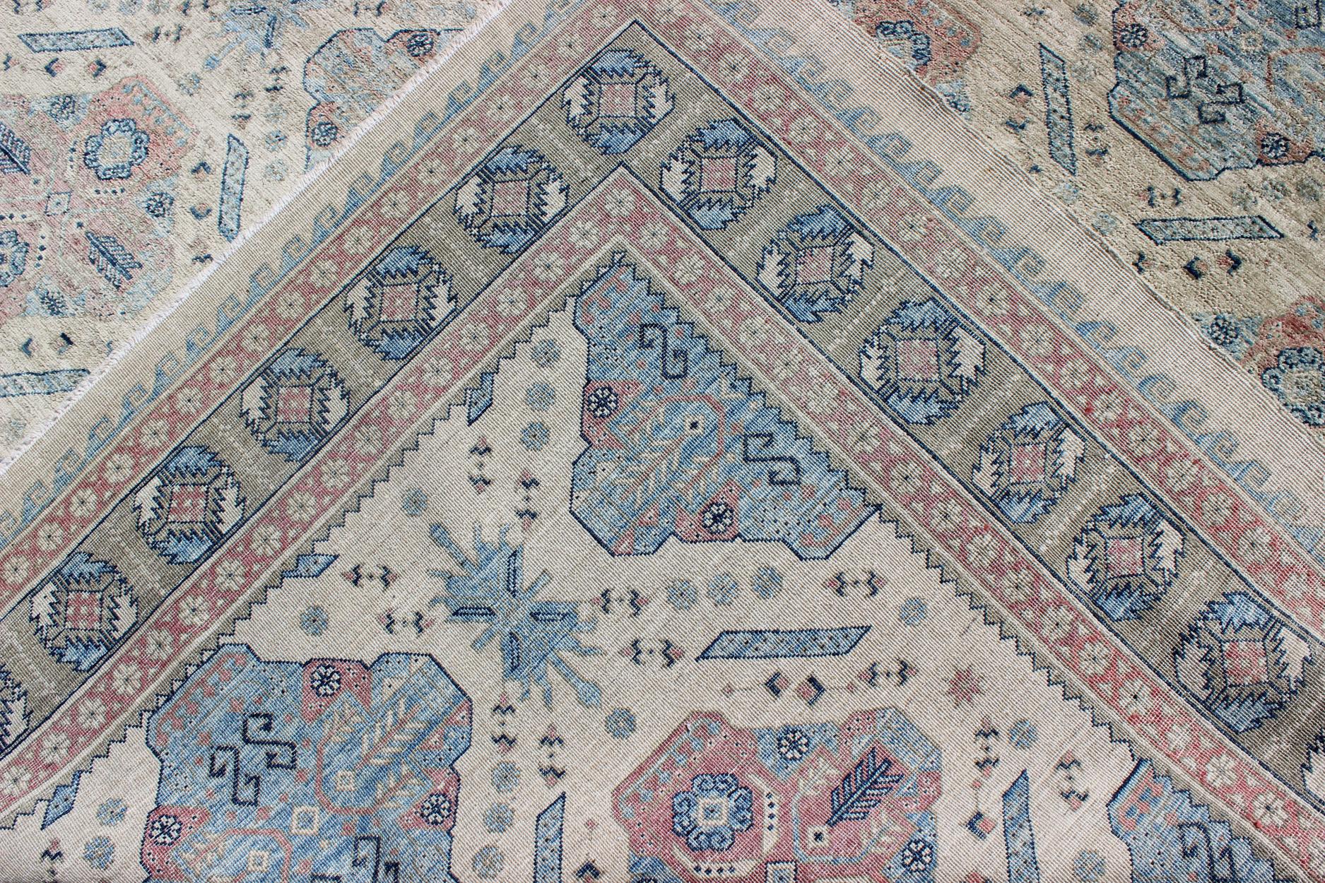  Afghan Khotan Rug with All-Over Geometric Pattern in Pink and Light Blue For Sale 3