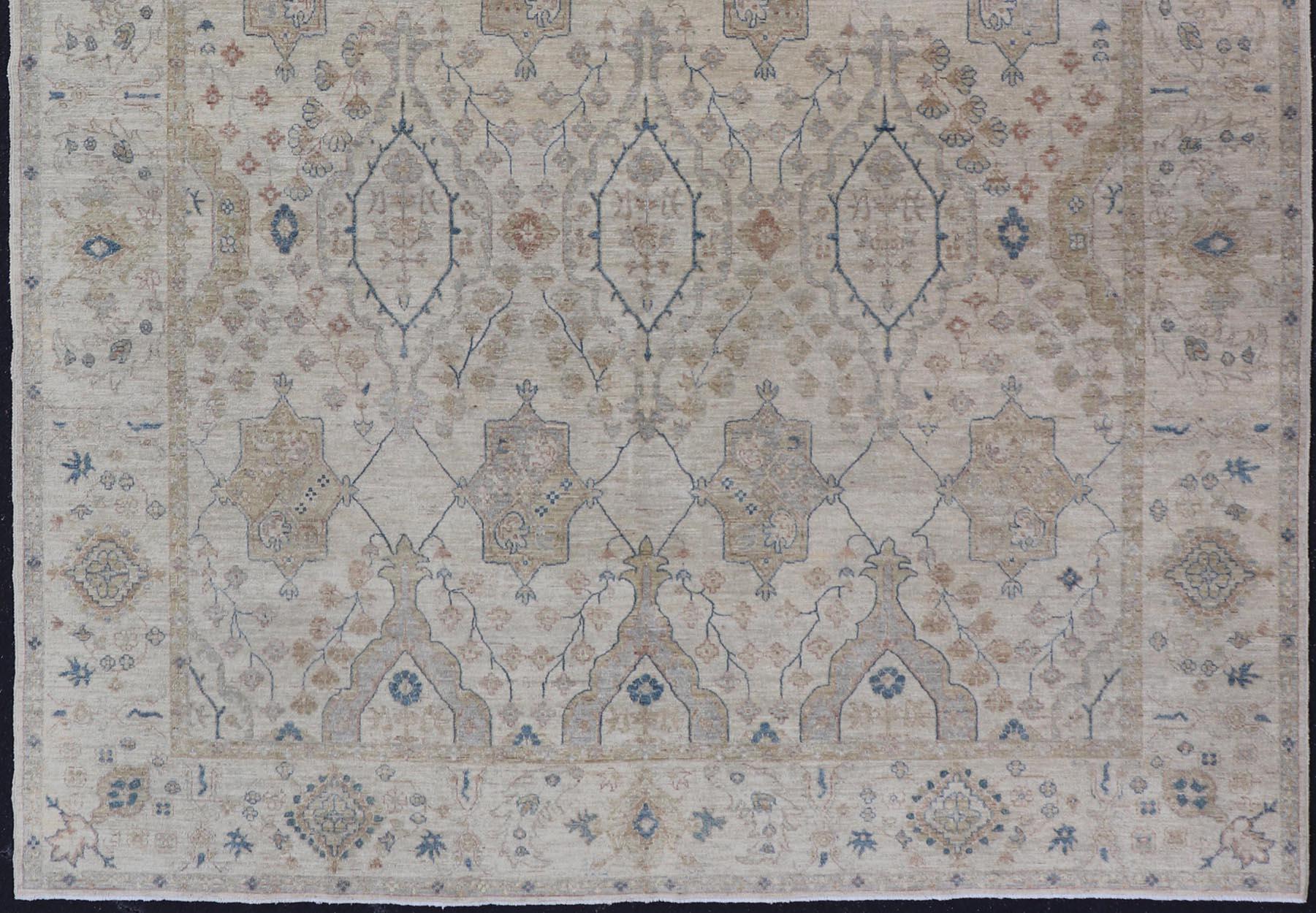  Afghan Khotan Rug with All-Over Geometric Pattern in Tan, Taupe, and Light Blue For Sale 5