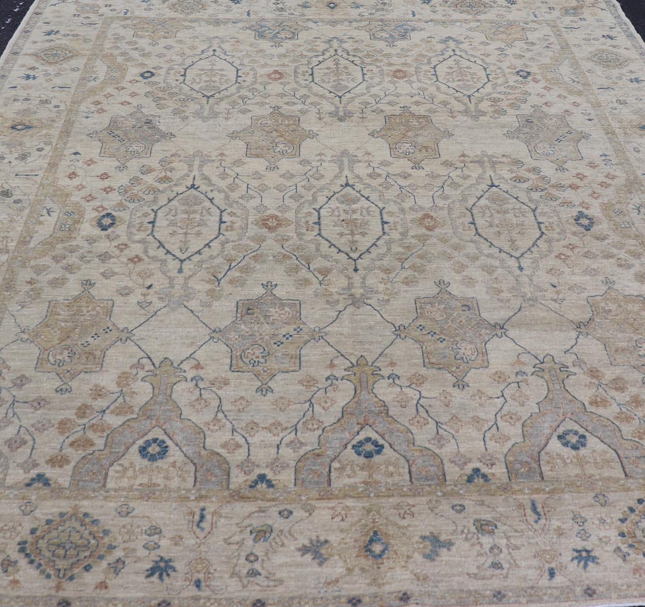  Afghan Khotan Rug with All-Over Geometric Pattern in Tan, Taupe, and Light Blue For Sale 8