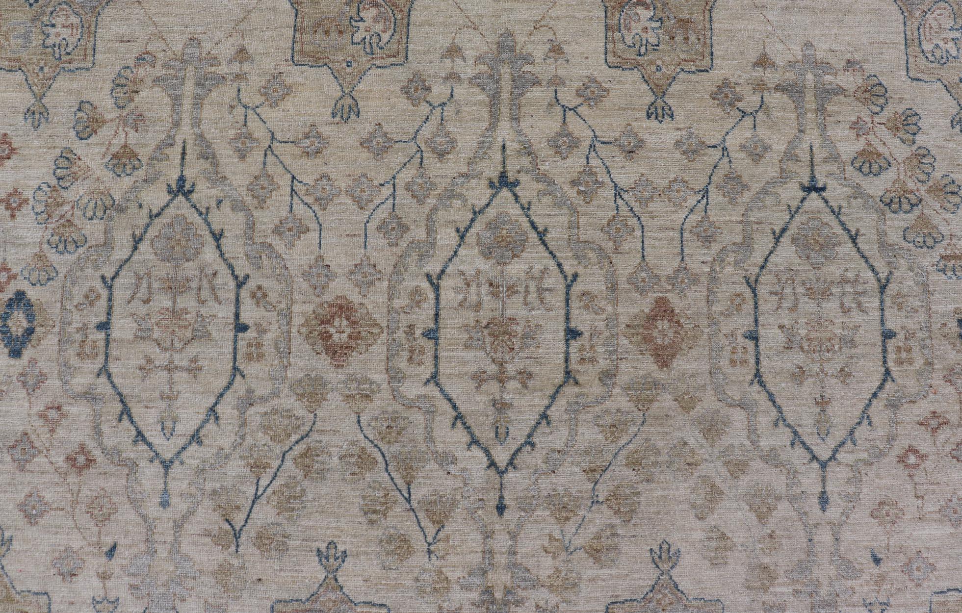 Hand-Knotted  Afghan Khotan Rug with All-Over Geometric Pattern in Tan, Taupe, and Light Blue For Sale