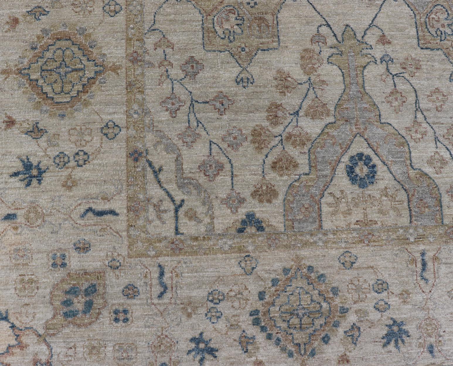 Wool  Afghan Khotan Rug with All-Over Geometric Pattern in Tan, Taupe, and Light Blue For Sale