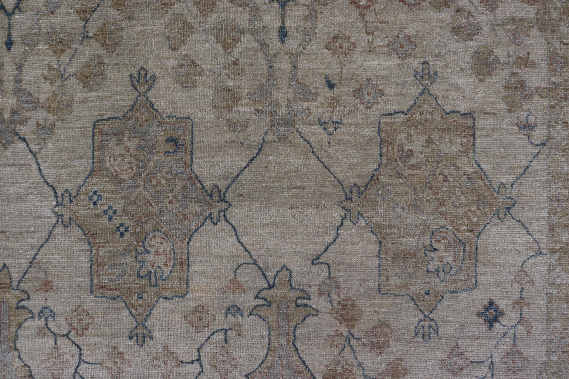  Afghan Khotan Rug with All-Over Geometric Pattern in Tan, Taupe, and Light Blue For Sale 2