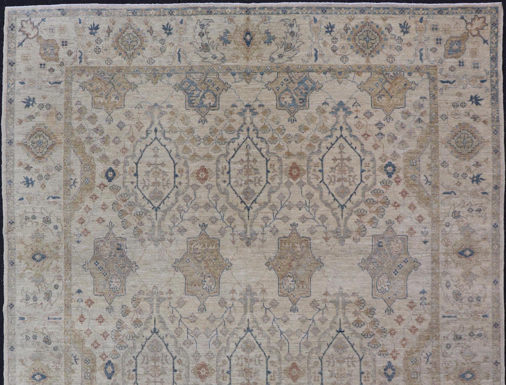  Afghan Khotan Rug with All-Over Geometric Pattern in Tan, Taupe, and Light Blue For Sale 3