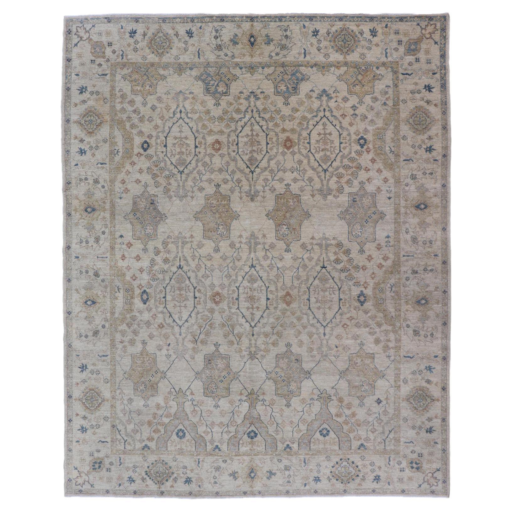  Afghan Khotan Rug with All-Over Geometric Pattern in Tan, Taupe, and Light Blue For Sale