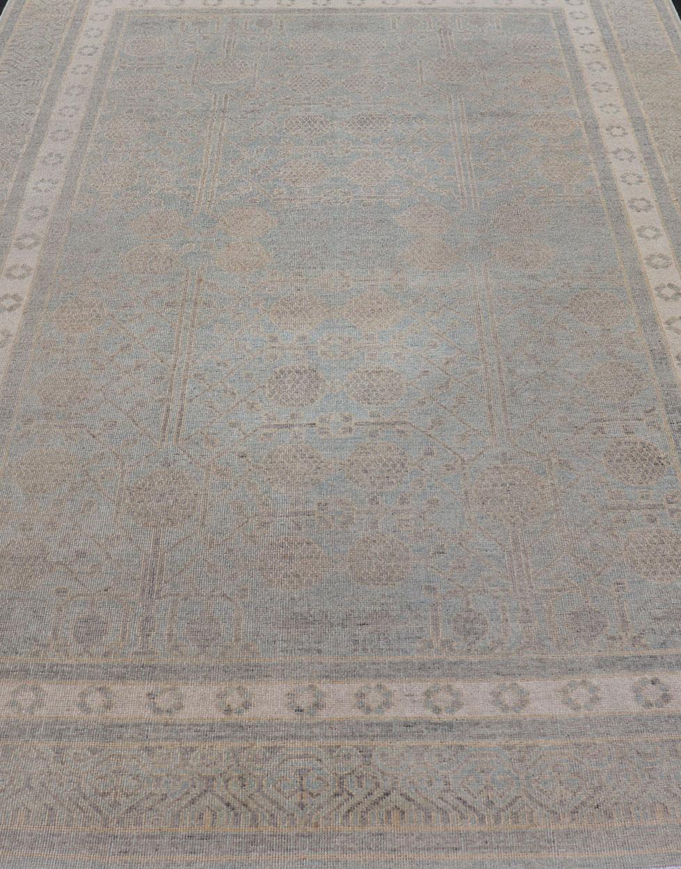 Afghan Khotan Rug with Geometric Design in Shades of Light Blue and Taupe For Sale 3