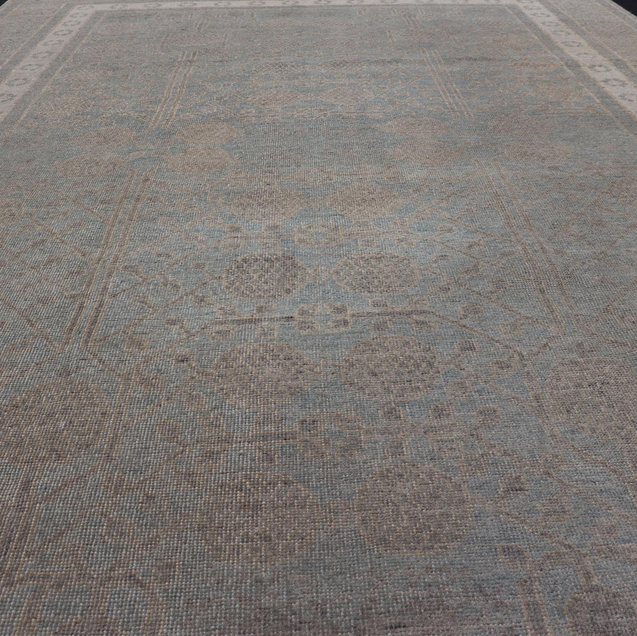 Afghan Khotan Rug with Geometric Design in Shades of Light Blue and Taupe For Sale 4