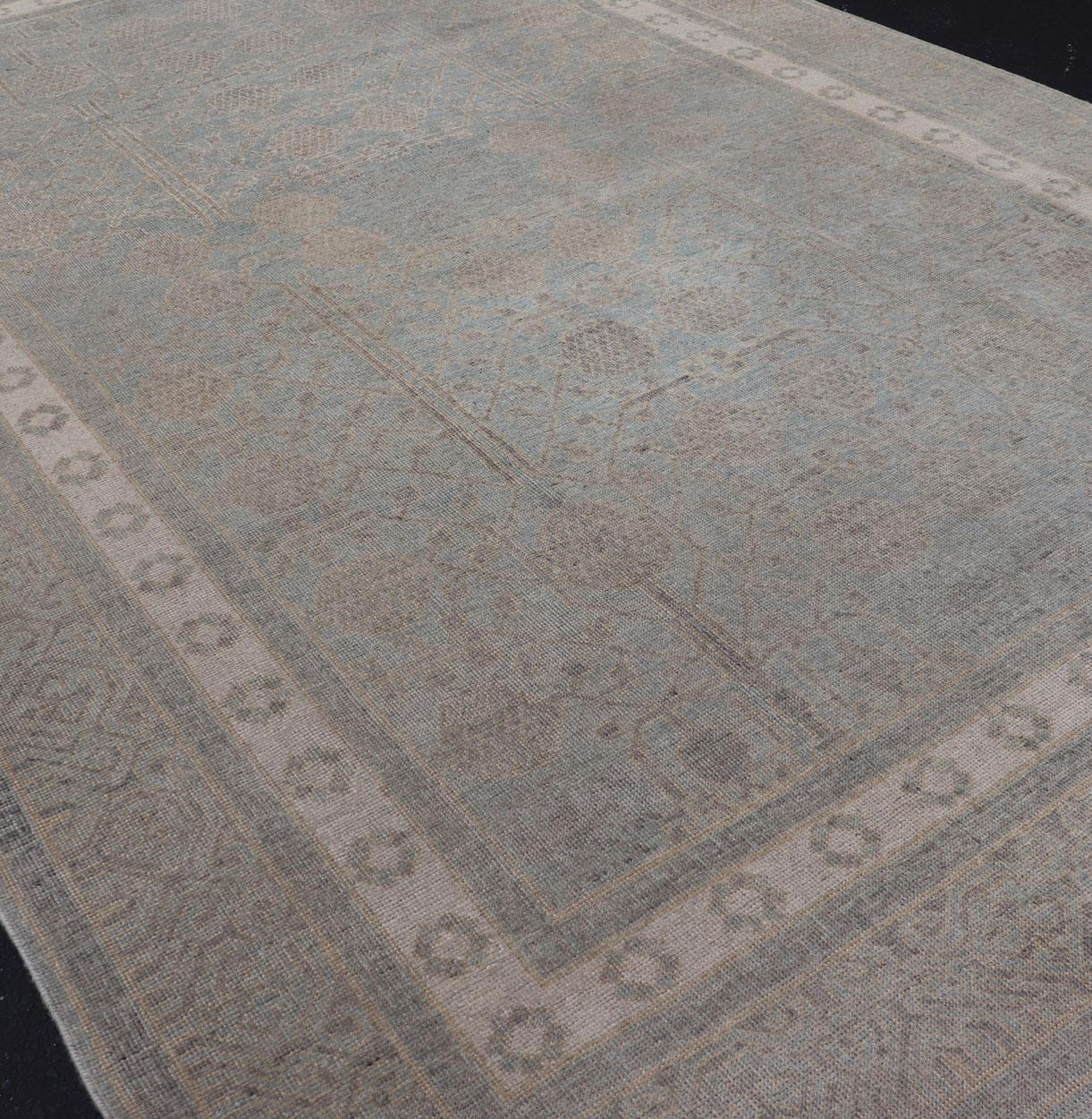 Afghan Khotan Rug with Geometric Design in Shades of Light Blue and Taupe For Sale 5