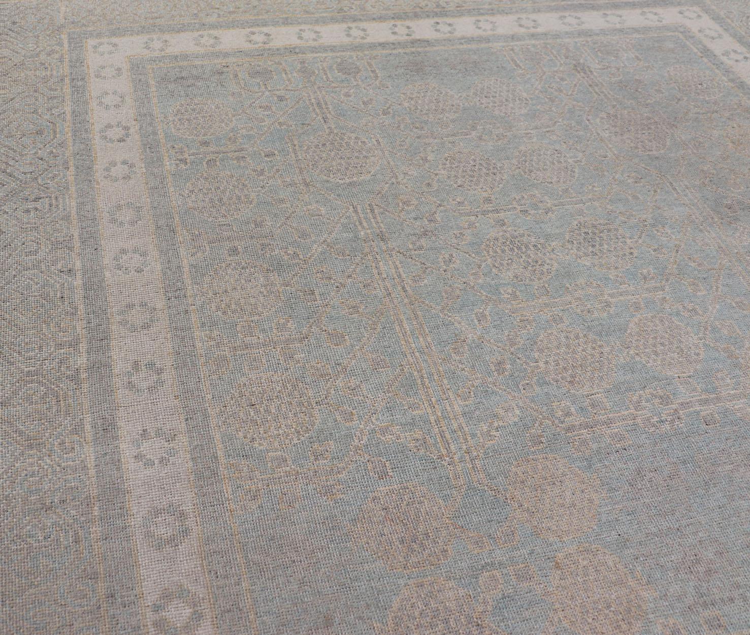 Afghan Khotan Rug with Geometric Design in Shades of Light Blue and Taupe For Sale 6