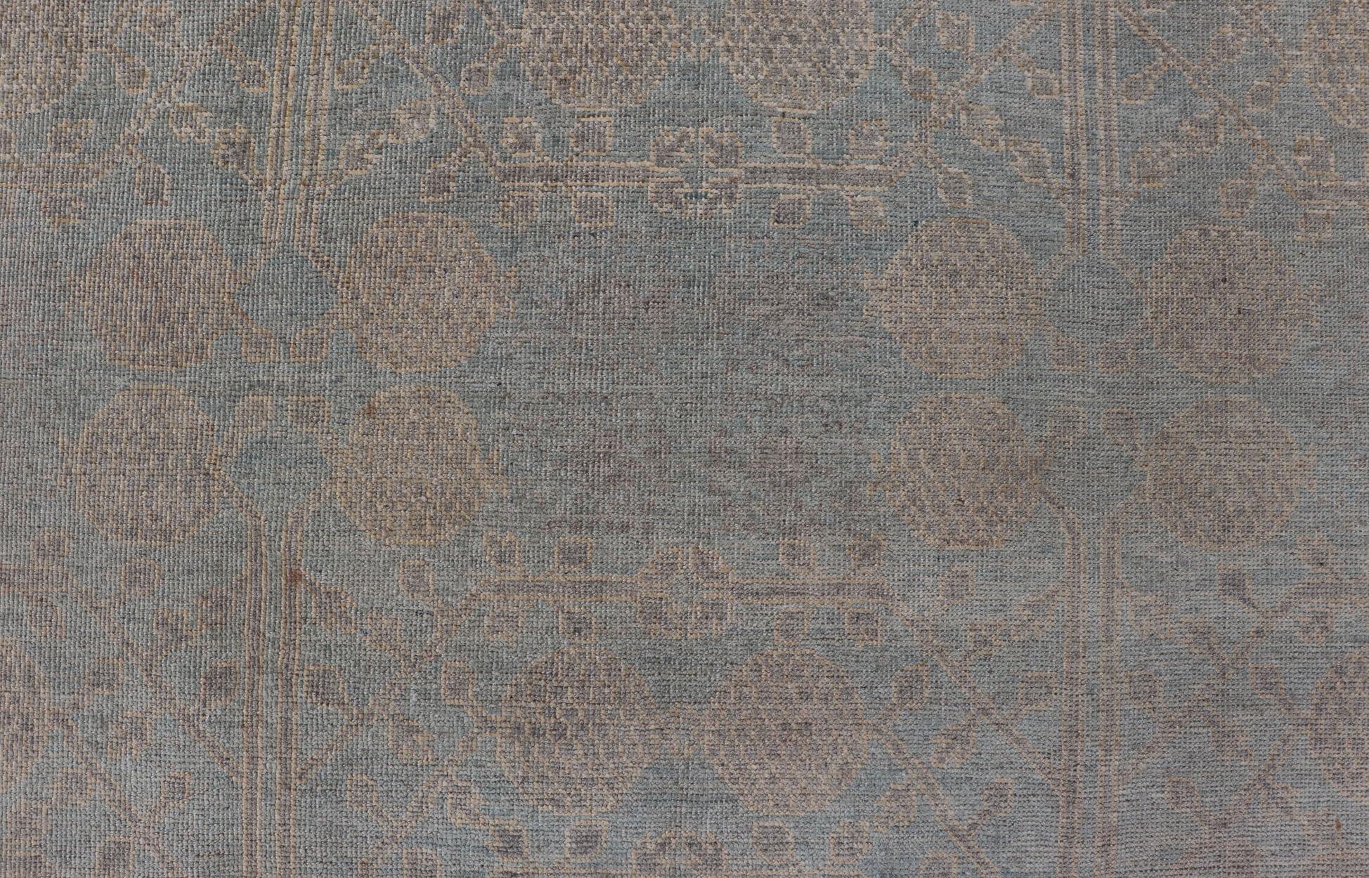 Afghan Khotan Rug with Geometric Design in Shades of Light Blue and Taupe For Sale 7