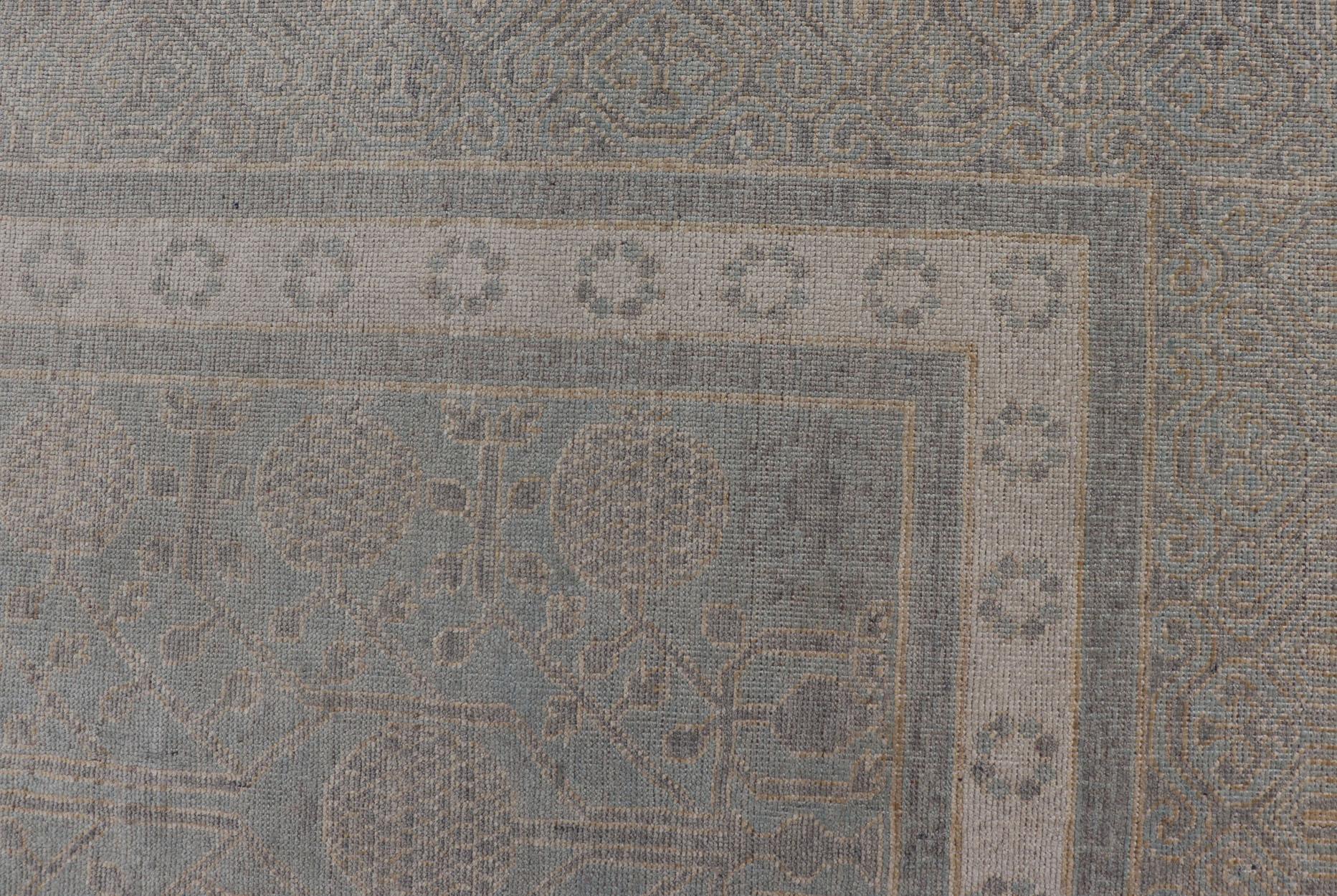 Afghan Khotan Rug with Geometric Design in Shades of Light Blue and Taupe For Sale 9