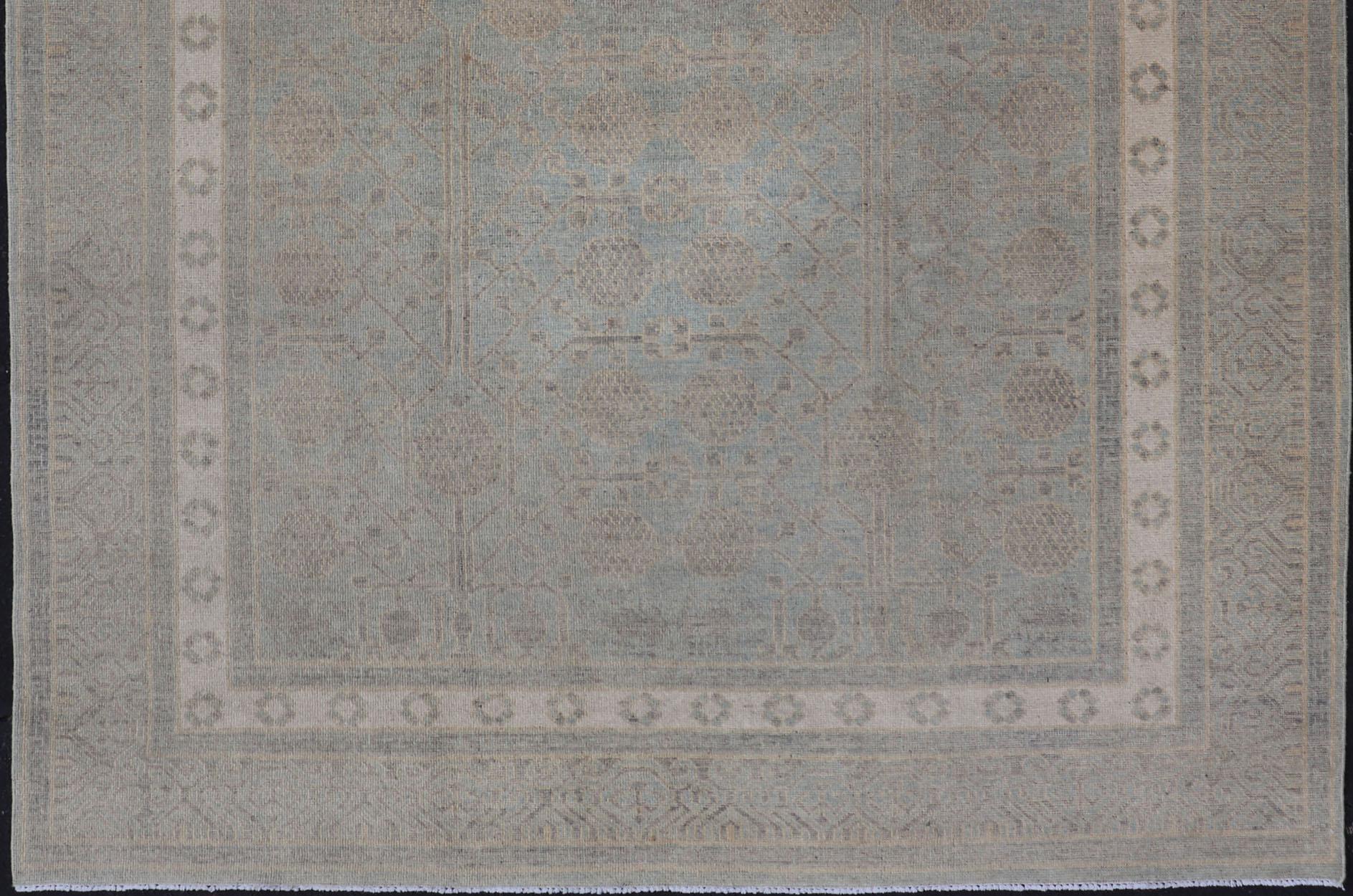 Hand-Knotted Afghan Khotan Rug with Geometric Design in Shades of Light Blue and Taupe For Sale