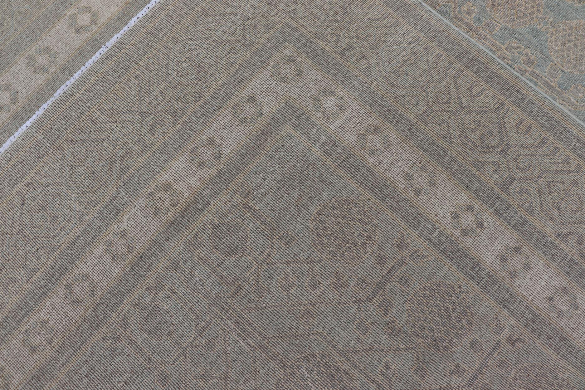 Contemporary Afghan Khotan Rug with Geometric Design in Shades of Light Blue and Taupe For Sale