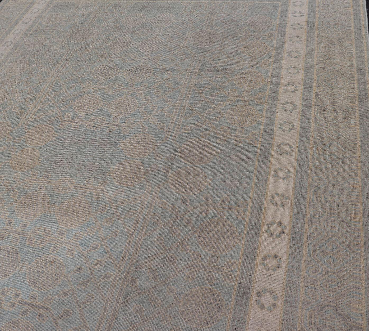 Afghan Khotan Rug with Geometric Design in Shades of Light Blue and Taupe For Sale 2