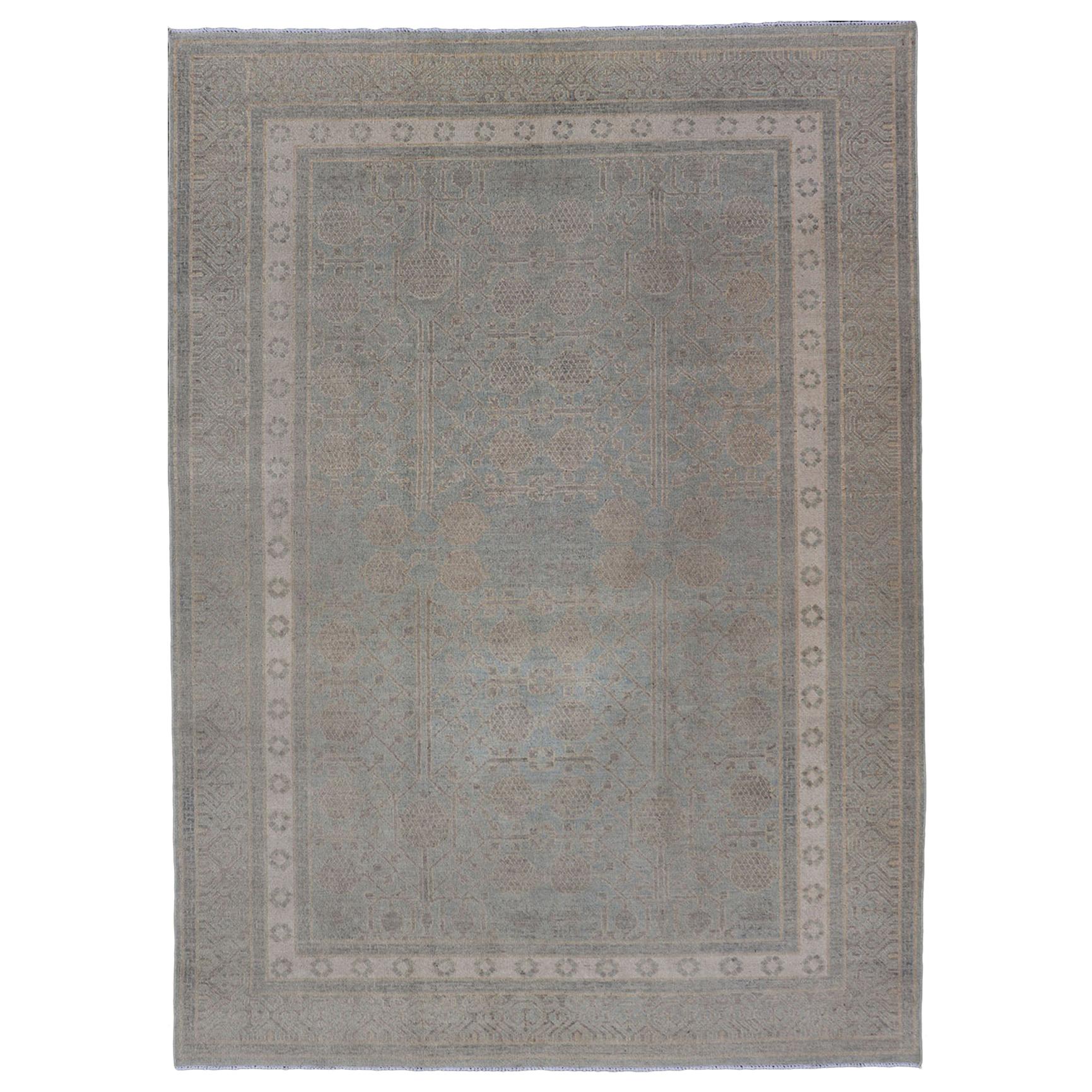 Afghan Khotan Rug with Geometric Design in Shades of Light Blue and Taupe For Sale