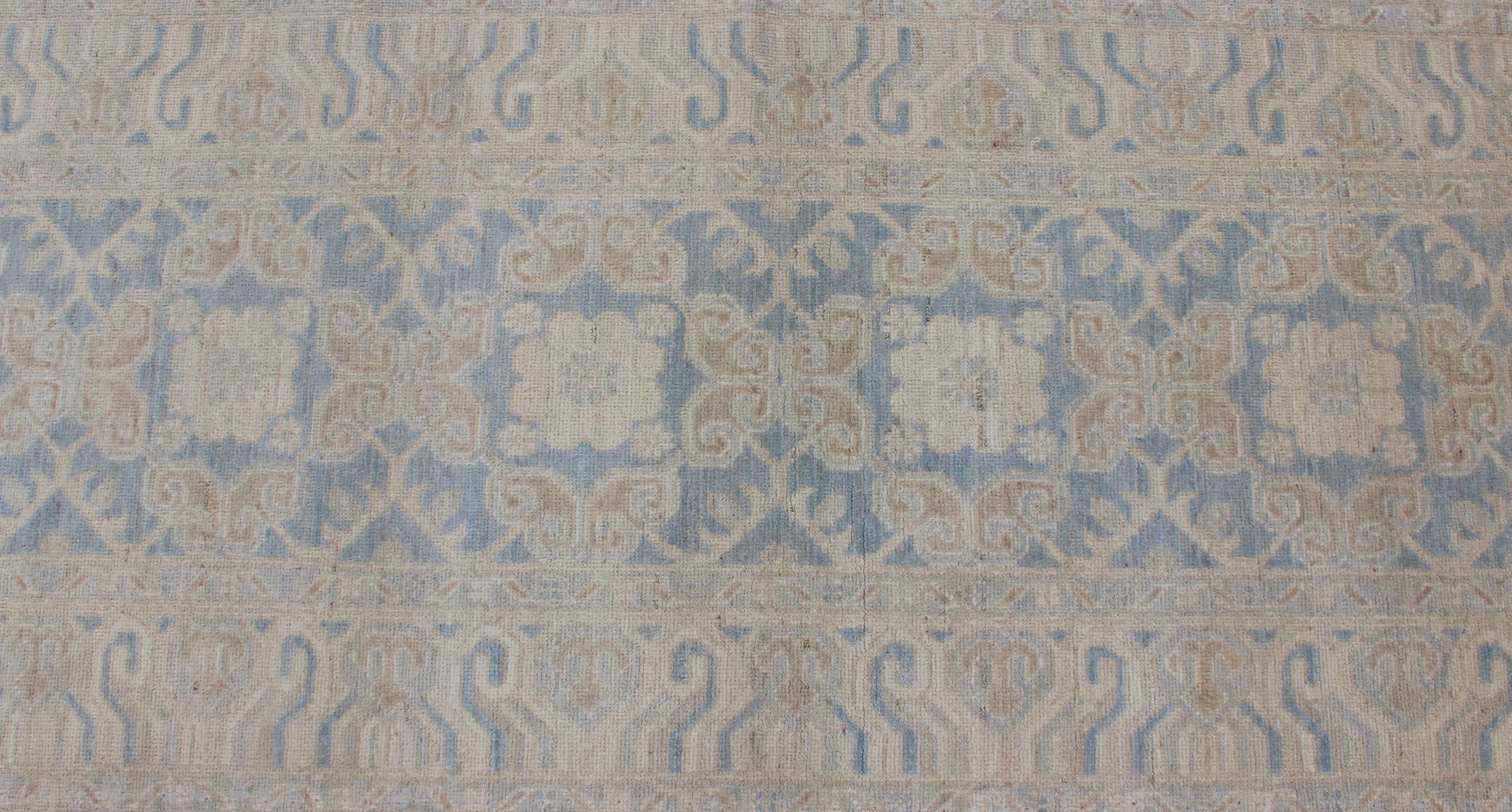 Afghan Khotan Runner with Geometric Design in Shades of Powder Blue and Tan For Sale 4