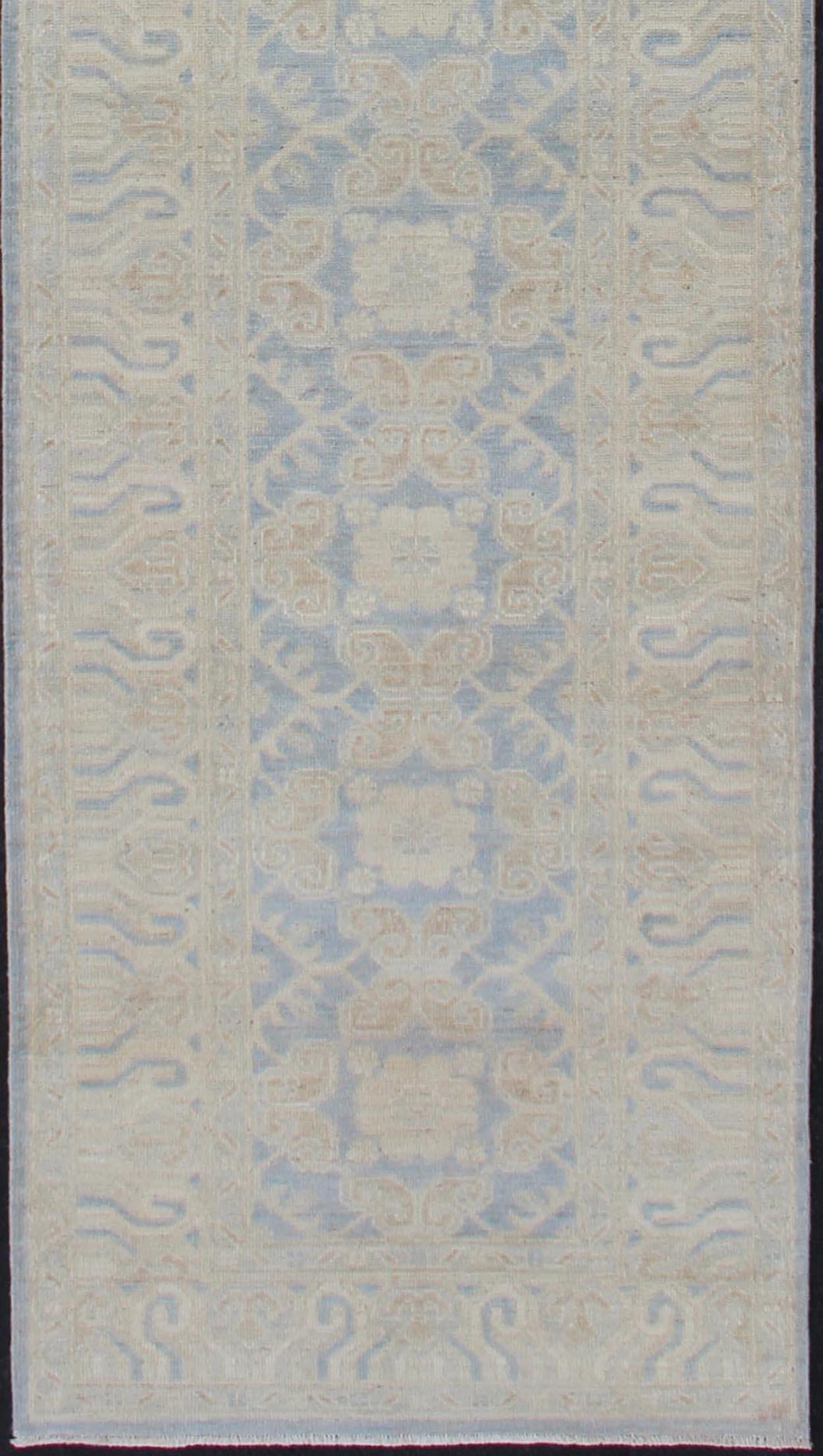 Hand-Knotted Afghan Khotan Runner with Geometric Design in Shades of Powder Blue and Tan For Sale
